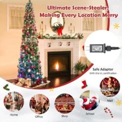 8 Ft. Green Pre-Lit Christmas Pencil Tree With Colorful Fiber Optics -Northlight Shop pre lit christmas trees 8ck23 cm613us 1f 1000
