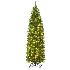 6.5 Ft. Pre-Lit LED Full Artificial Christmas Tree With 250 LED Lights And Metal Stand, Pencil Christmas Tree