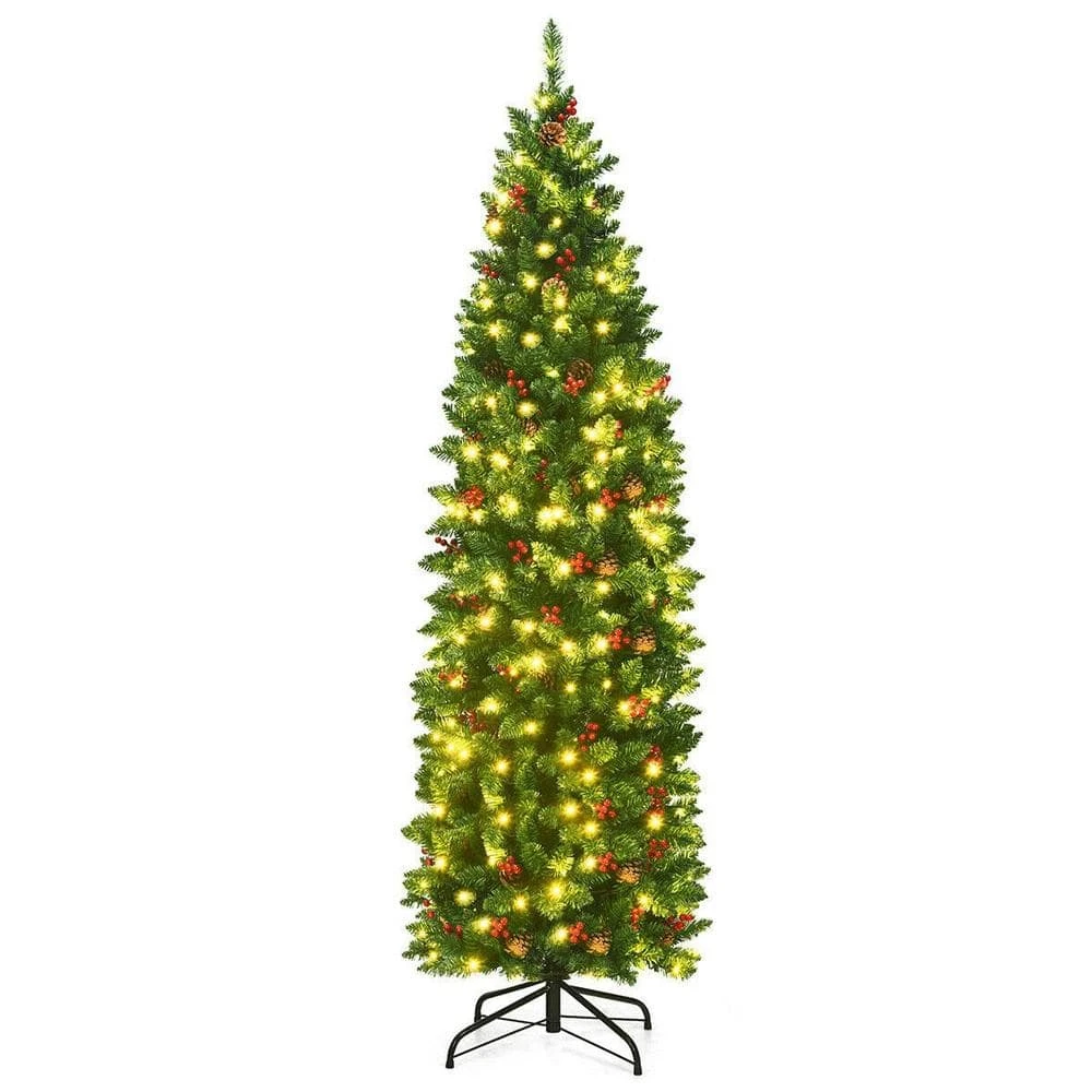 6.5 Ft. Pre-Lit LED Full Artificial Christmas Tree With 250 LED Lights And Metal Stand, Pencil Christmas Tree 1 6.5 Ft. Pre-Lit LED Full Artificial Christmas Tree With 250 LED Lights And Metal Stand, Pencil Christmas Tree