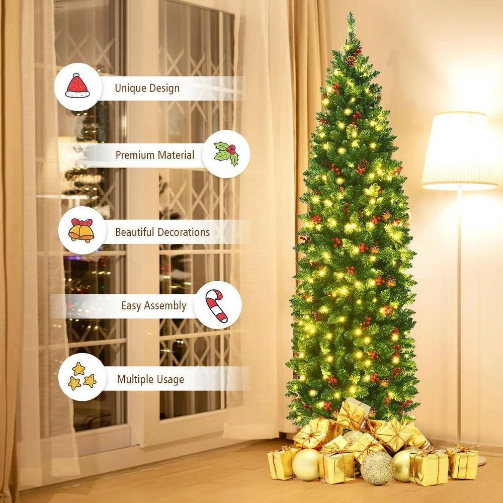 6.5 Ft. Pre-Lit LED Full Artificial Christmas Tree With 250 LED Lights And Metal Stand, Pencil Christmas Tree 2 6.5 Ft. Pre-Lit LED Full Artificial Christmas Tree With 250 LED Lights And Metal Stand, Pencil Christmas Tree - Image 2