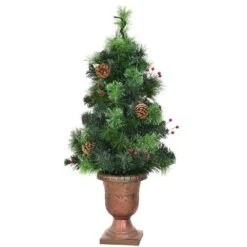 3 Ft. Green Pre-Lit Potted Artificial Christmas Tree With Red Berries And Pine Cones -Northlight Shop pre lit christmas trees m20 8cm674 4f 1000