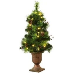 3 Ft. Green Pre-Lit Potted Artificial Christmas Tree With Red Berries And Pine Cones