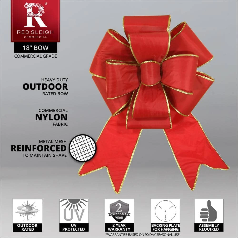 18 In. Red Nylon Outdoor Christmas Puff Bow With Gold Trim 2 18 In. Red Nylon Outdoor Christmas Puff Bow With Gold Trim - Image 2