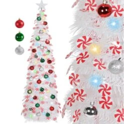 9 Ft. White PerLit Artificial Christmas Tree With Lights And Decorations White Tinsel Christmas Tree