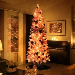 6 Ft. Pre-Lit LED Pencil Slim Flocked Artificial Christmas Tree With Warm White Light, Pink -Northlight Shop veikous pre lit christmas trees hp1001 18pk 1f 1000