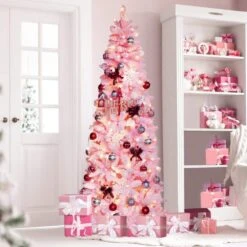 6 Ft. Pre-Lit LED Pencil Slim Flocked Artificial Christmas Tree With Warm White Light, Pink -Northlight Shop veikous pre lit christmas trees hp1001 18pk 31 1000