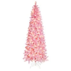 6 Ft. Pre-Lit LED Pencil Slim Flocked Artificial Christmas Tree With Warm White Light, Pink