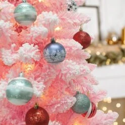 6 Ft. Pre-Lit LED Pencil Slim Flocked Artificial Christmas Tree With Warm White Light, Pink -Northlight Shop veikous pre lit christmas trees hp1001 18pk 76 1000