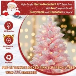 6 Ft. Pre-Lit LED Pencil Slim Flocked Artificial Christmas Tree With Warm White Light, Pink -Northlight Shop veikous pre lit christmas trees hp1001 18pk c3 1000