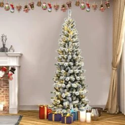 5 Ft. Pre-Lit LED White Snow Flocked Artificial Christmas Tree With 140 LED Lights And Remote Cotrol -Northlight Shop wellfor pre lit christmas trees cm hfy 23510us 1f 1000