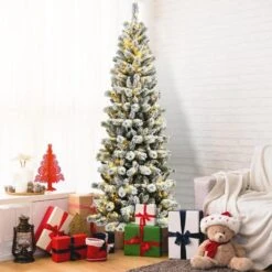 5 Ft. Pre-Lit LED White Snow Flocked Artificial Christmas Tree With 140 LED Lights And Remote Cotrol -Northlight Shop wellfor pre lit christmas trees cm hfy 23510us 4f 1000