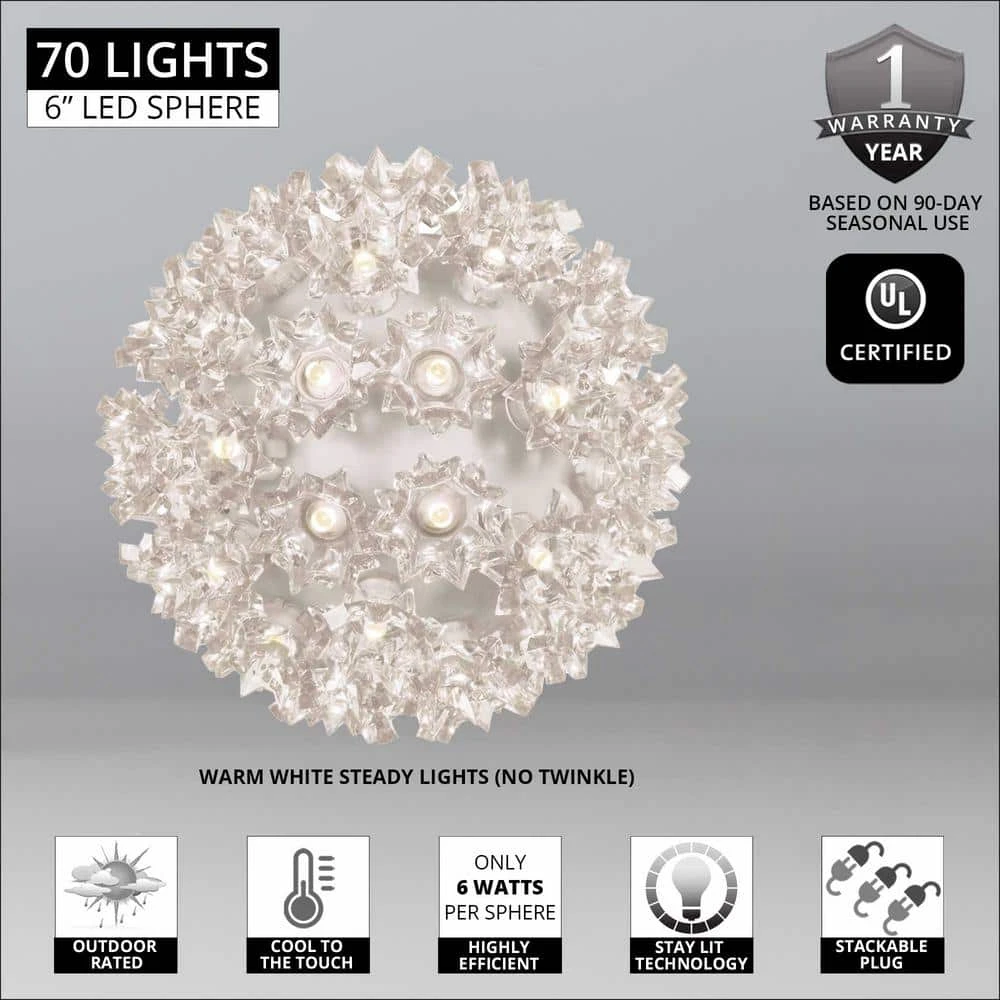 6 In. 70-Light LED Warm White Decorative Starlight Sphere 2 6 In. 70-Light LED Warm White Decorative Starlight Sphere - Image 2
